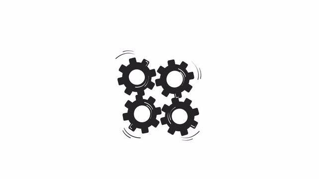 Collaborative effort teamwork cogs doodle outline animation. Problem solving 4K video motion graphic. Four diverse hands turning interlocked gears animated sketch 2D concept isolated on white