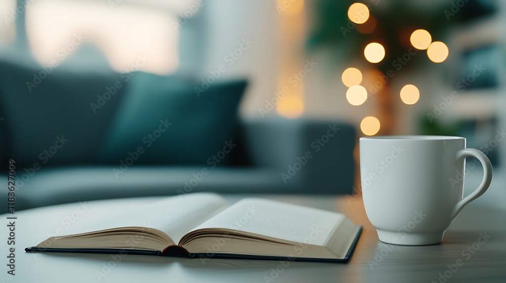 Poster a cozy setting featuring an open book on a table beside a steaming cup, with a soft-focus background