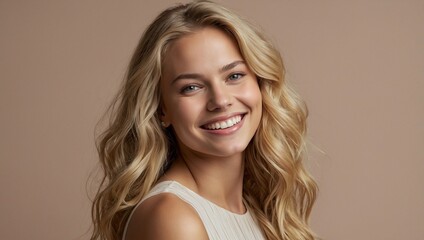 Fototapeta premium Smiling young woman with blonde long groomed hair isolated on pastel flat background with copy space. Blonde hair care products banner template, hair salon