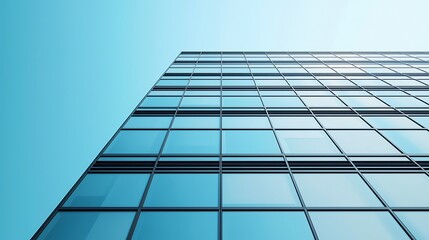 A modern glass building reflects the sky, showcasing sleek architecture and urban design from a low-angle perspective.