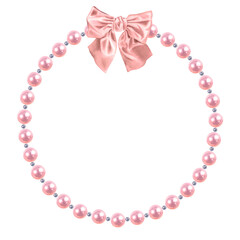 Pearl circle frame with bow. Hand drawn watercolor illustration of bead necklace on pastel pink isolated background. Design element for wedding Invitation, photo or romantic holidays. Elegant style.