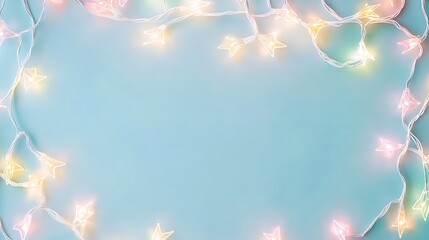Star shaped lights frame a pastel blue background