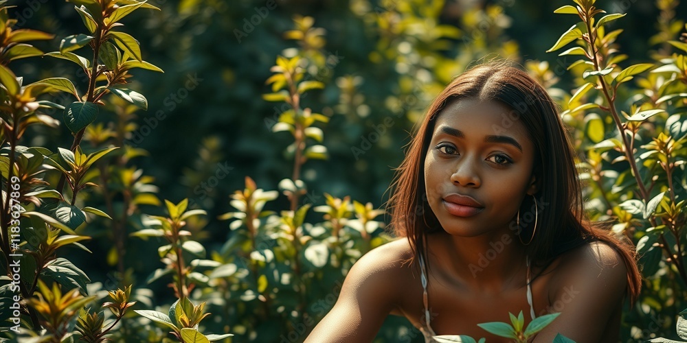 Wall mural A woman with dark hair and a dark skin tone is standing in a field of green plants. She is wearing a white tank top and has her hair pulled back