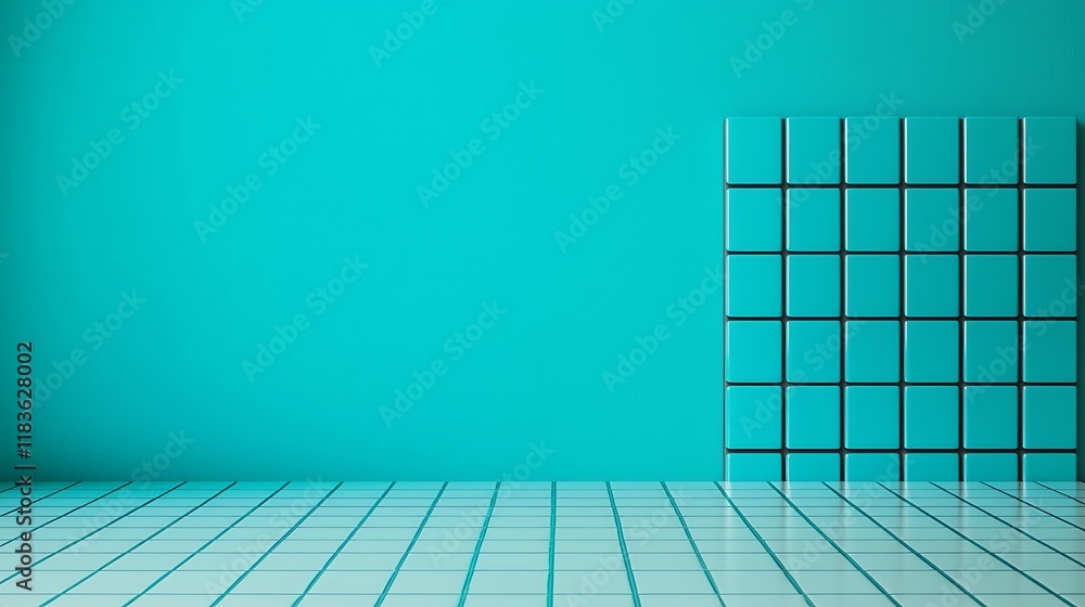 Poster a minimalist interior featuring a teal wall and tiled floor, with a section of grid-patterned tiles,