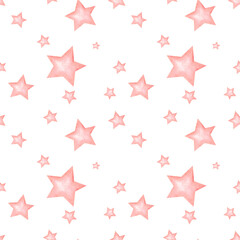 Obraz premium Seamless pattern with pink stars. Hand painted watercolor print on white background. Elements for baby textile design, phone cases or wrapping paper. Cute background for little girl or bed linen.