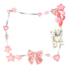 A rectangular frame with a teddy bear flying through the air, supported by a bunch of balloons. Hand drawn watercolor template in pastel gray and pink colors for birthday party with space for text.