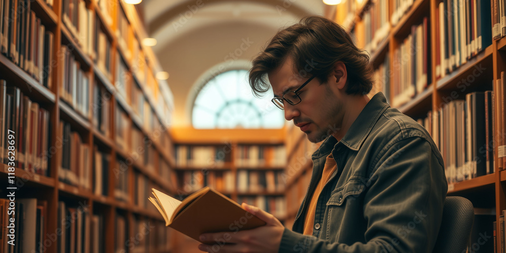 Poster a man is reading a book in a library. he is wearing glasses and a jacket. the library is filled with