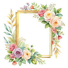 Golden frame and watercolor floral and leaf frame collection isolated on transparent background.