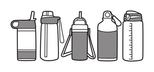 collection of water bottle images, black and white line art, vector
