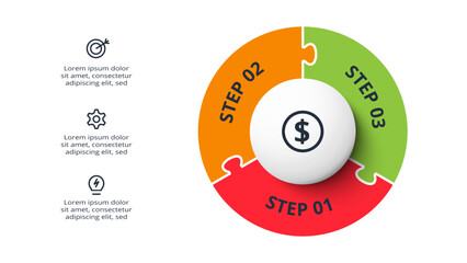 Puzzle infographic with 3 elements, presentations, vector illustration. Template for web