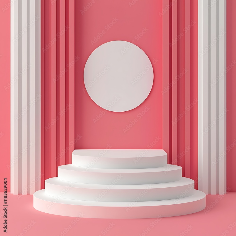 Poster a minimalist stage setup featuring a circular backdrop on a vibrant pink wall with white columns and