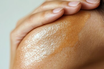 Fototapeta premium Closeup of skin with shimmering gold and white lotion
