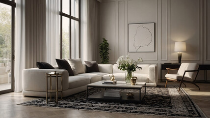 Bright and airy black and white contemporary living room with large windows and a luxurious seating area Contemporary Interior Design Inspiration