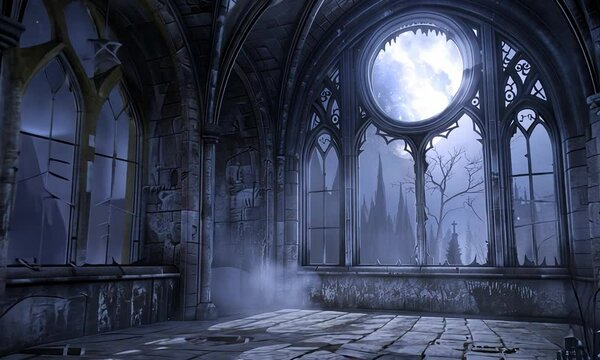 Mysterious abandoned gothic castle under full moon at night