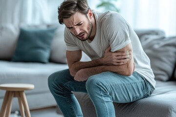 Man experiencing arm pain sitting on couch