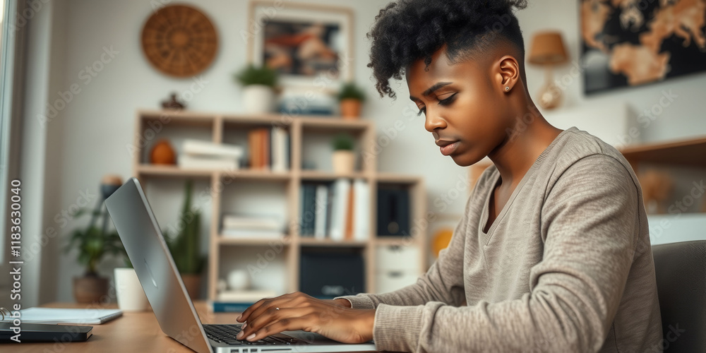 Poster a young man is sitting at a desk with a laptop open in front of him. he is typing on the keyboard an