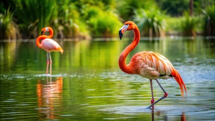 Fototapeta premium A flamingo floats on the water with a life preserver attached to its leg