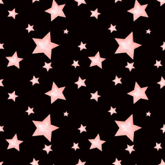 Seamless pattern with pink stars. Hand painted watercolor print on dark background. Elements for baby textile design, phone cases or wrapping paper. Cute background for little girl or bed linen