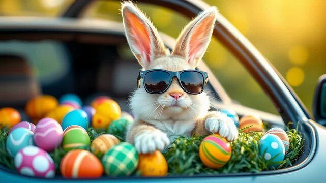 A cheerful Easter bunny wearing sunglasses, surrounded by colorful Easter eggs, sitting in a car trunk. Bright and joyful springtime scene celebrating Easter traditions