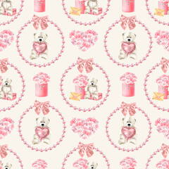 Seamless pattern with Teddy bear, gift boxes, roses, pearl wreath. Watercolor illustration of Valentine's background for wrapping paper, textile design on light backdrop. Drawing of textile ornament.