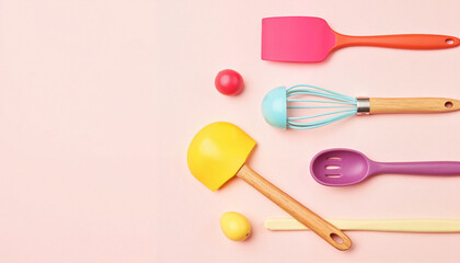 Colorful silicone kitchen utensils on pastel background, vibrant minimalism