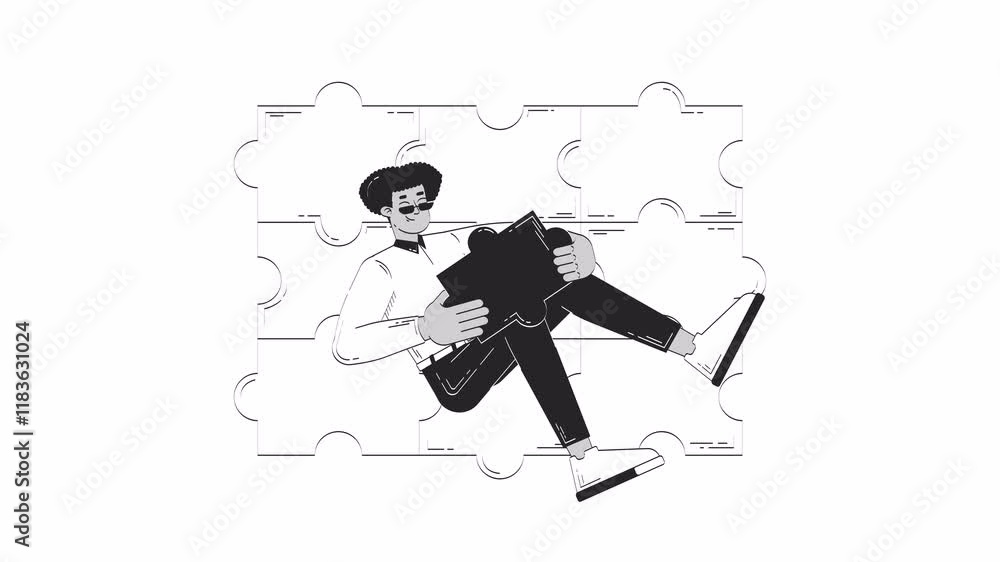 Poster employee playing individual role in completing puzzle doodle outline animation. 4k video motion grap
