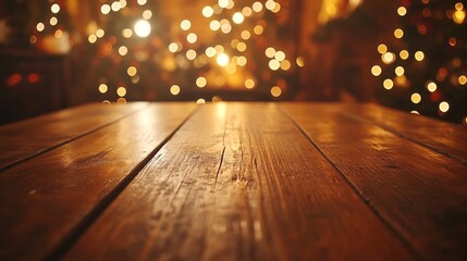 A festive wooden table with blurred Christmas lights in the background, evoking warmth and holiday spirit, ideal for seasonal themes.