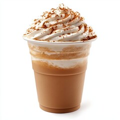 disposable cup of frappe with whipped cream and cinnamon powder isolated on white background
