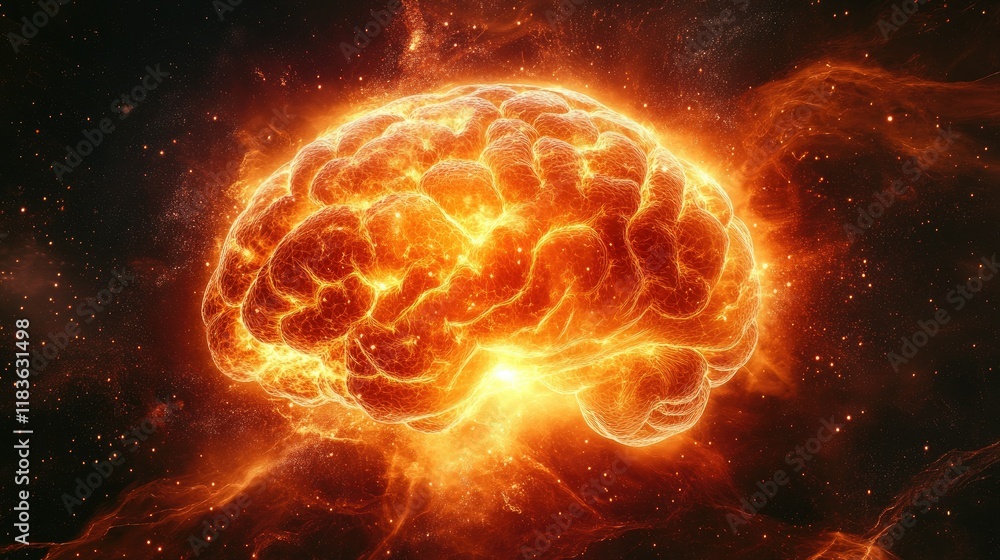 Poster fiery brain in cosmic space: an abstract representation of neural energy and power
