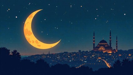 Ramadan poster with moon, stars and mosque symbolizing spirituality and festive mood. Arabian night, starry sky. Religious postcard, congratulations on Muslim holiday. Islam, faith, religion