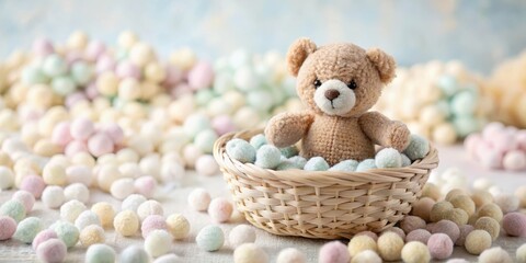 A small toy teddy bear sitting in a woven basket filled with soft pastel-colored cotton balls and tiny wooden beads, basket contents, cotton balls