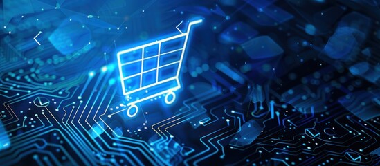 Glowing shopping cart icon on circuit board.