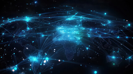 Obraz premium Abstract digital map of the world with glowing connections and blue lights representing a global network