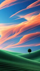 A single tree stands atop gently rolling, textured green hills under a vibrant sunset sky with streaks of peach and pink clouds. Serene landscape