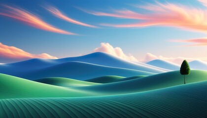 Obraz premium A single tree stands atop gently rolling, textured green hills under a vibrant sunset sky with streaks of peach and pink clouds. Serene landscape