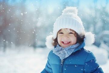 Happy child smiling under a snowfall, wearing winter clothes, playing in a snowy park