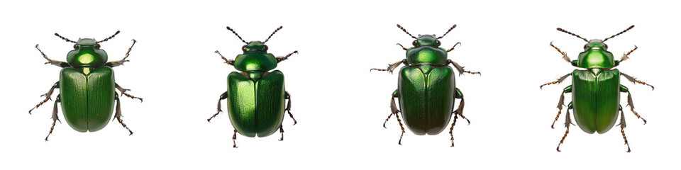 Detailed close up shot of four vivid green beetles with bright vibrant exoskeletons and intricate patterns  These fascinating insect specimens showcase the beauty and diversity of the natural world