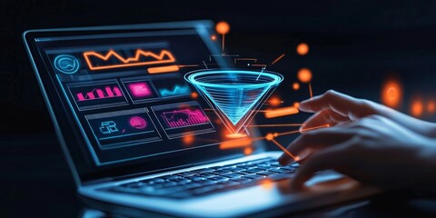 Hands working on a laptop displaying a futuristic analytics dashboard.