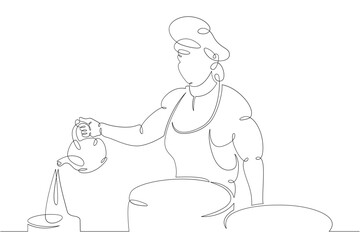 Woman chef prepares food in the restaurant kitchen. Chef cook in uniform.One continuous drawing line  logo single hand drawn art doodle isolated minimal illustration.