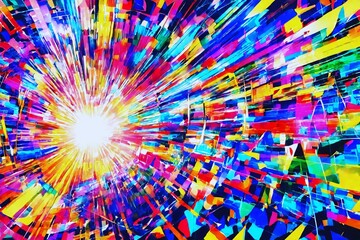 光源から伸びるカラフルな集中線、効果線、抽象テック