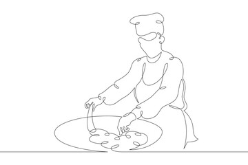 Woman chef prepares food in the restaurant kitchen. Chef cook in uniform.One continuous drawing line  logo single hand drawn art doodle isolated minimal illustration.