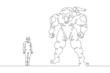 A young man controls a large robot using a virtual reality helmet . Robotics and programming. One continuous drawing line  logo single hand drawn art doodle isolated minimal illustration.