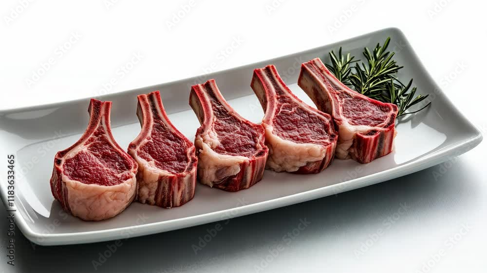 Poster white plate with lamb chops on it. the lamb chops are cut into small pieces and are arranged in a ro