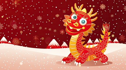 Obraz premium A cheerful red dragon in a snowy landscape, symbolizing celebration and joy.
