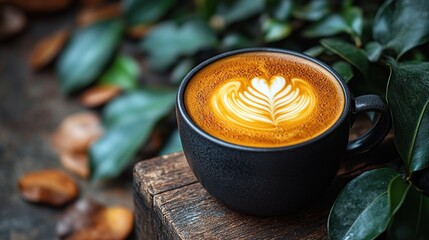 Latte art in dark cup on wood. (3)