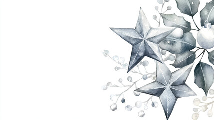 Obraz premium Watercolor Paint Christmas Stars Card Frame, Silver Metallic Accents with Elegant Handmade Painting, Festive Bush Design Isolated on White Background, Perfect for Holiday Greetings and Seasonal Art 