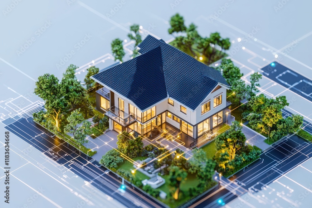 Poster smart home automation initiative showcasing modern architecture in a lush community setting 3d model