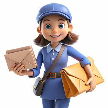 Smiling Cartoon Postwoman Holding Mail