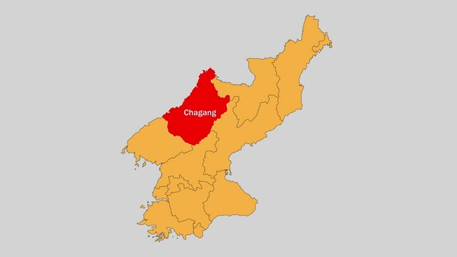 Chagang map animated video. The location is highlighted on the North Korea map. Colour map with Gray background in video format.