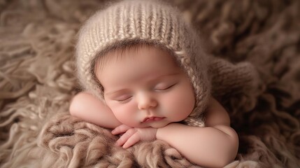 Baby sleeping peaceful on a soft yarn. Cute and innocence. Cozy and comfort moment. Natural light.
